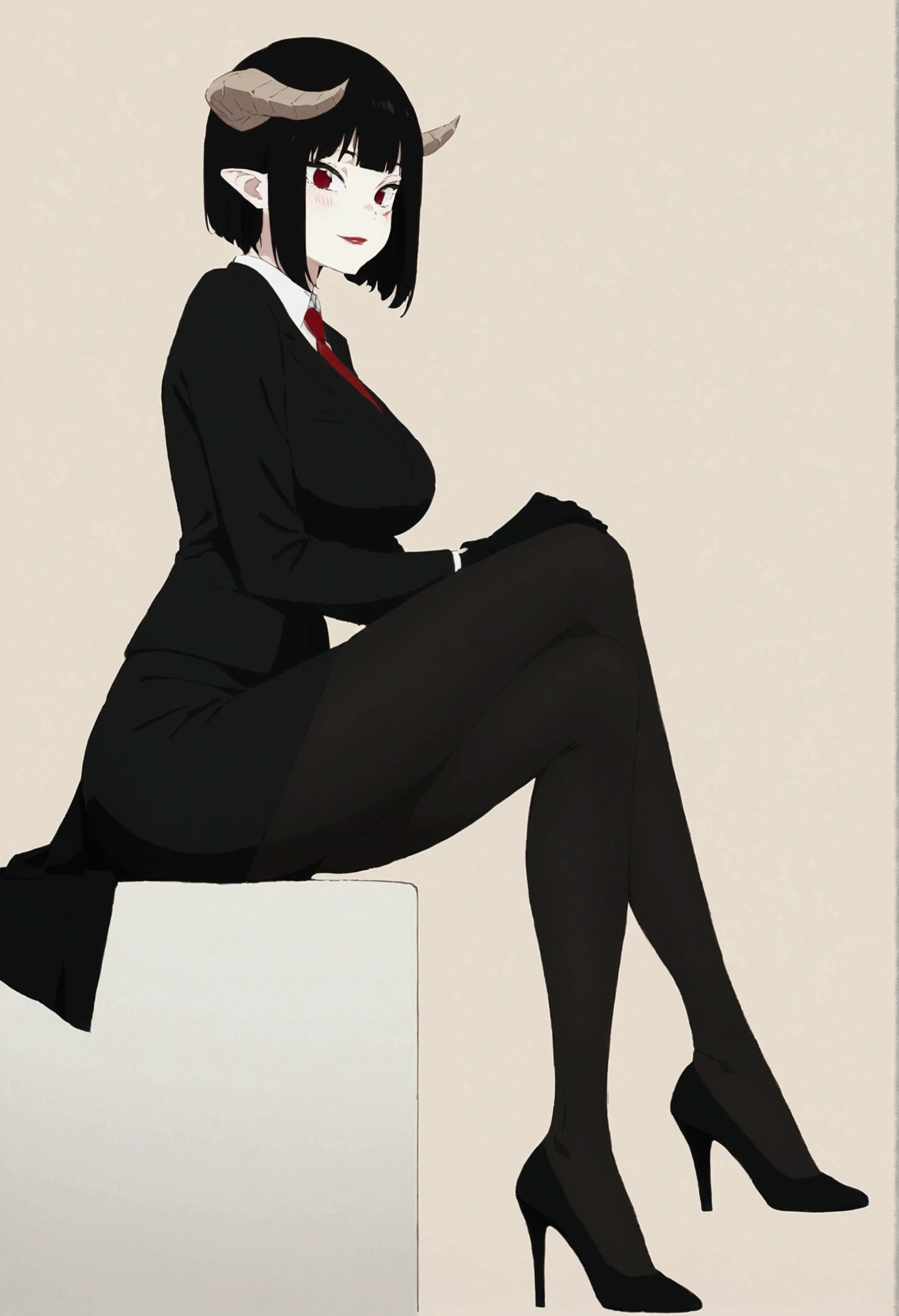 side profile,work of art, best qualityer, ultra detali, illustration, colorfully, flat colour, Depth of field, 1 girl, sitting down, Bblack hair, horns on head, Eyes red, , gazing at viewer, in the office, black business dress, pantyhose, black pantyhose, Detailed texture skin, detailed cloth texture, beautifull detailed face,Grinning,face red,blushed,legs crossed,big breasts,black highheels,fully body,side profile
