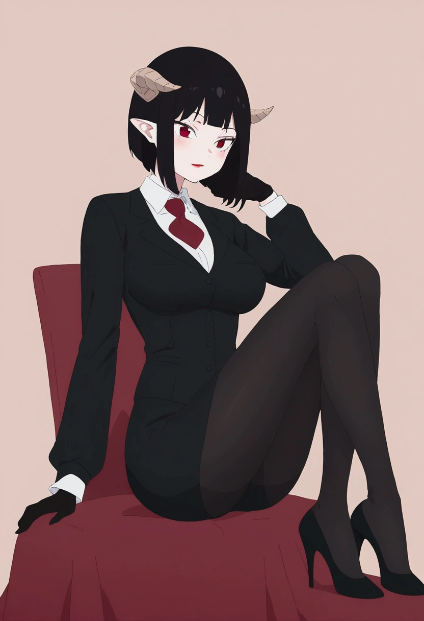 side profile,work of art, best qualityer, ultra detali, illustration, colorfully, flat colour, Depth of field, 1 girl, sitting down, Bblack hair, horns on head, Eyes red, , gazing at viewer, in the office, black business dress, pantyhose, black pantyhose, Detailed texture skin, detailed cloth texture, beautifull detailed face,Grinning,face red,blushed,legs crossed,big breasts,black highheels,fully body,side profile