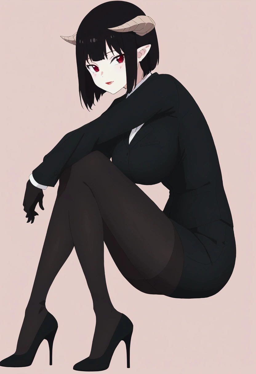 side profile,work of art, best qualityer, ultra detali, illustration, colorfully, flat colour, Depth of field, 1 girl, sitting down, Bblack hair, horns on head, Eyes red, , gazing at viewer, in the office, black business dress, pantyhose, black pantyhose, Detailed texture skin, detailed cloth texture, beautifull detailed face,Grinning,face red,blushed,legs crossed,big breasts,black highheels,fully body,side profile
