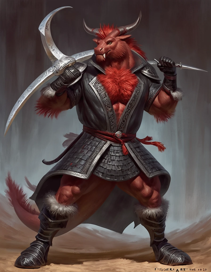 Anthropomorphic dragon boasts a "soft beefy" physique. The "soft" aspect of his physique is achieved through a meticulous distribution of muscle and fat that creates a sense of comfort and approachability. skin is a rich, deep black, with a subtle shimmer that hints at his hidden nobility. His eyes are a piercing shade of Imperial red, framed by thick eyebrows that arch over them in a constant state of curiosity. His attire, a black gambeson padded overcoat vestment with striking red salmon accents and intricate silver metal ornaments, is both functional and symbolic. The gambeson, a padded garment, is tailored to allow for a full range of motion, emphasizing his agility despite his size. The armor's design is meticulously crafted, with each detail serving a purpose. The imperial red accents trace the contours of his muscles, highlighting his physical power and determination. The silver metal ornaments are strategically placed to protect vital areas while also enhancing his aesthetic appeal. Leox's fur is predominantly black with salmon red-colored highlights. The fur on his torso and limbs is dense yet well-managed, giving him a sleek and powerful look. His chest hair is kept at a moderate length, framing his broad pectoral muscles. Large axe like fangs. Wield a slashing blade in a rapier-like's hilt. Ox guard stance pose. Detailed illumination, shadows and details in all the art. Highly inspired Taran Fiddler art Style