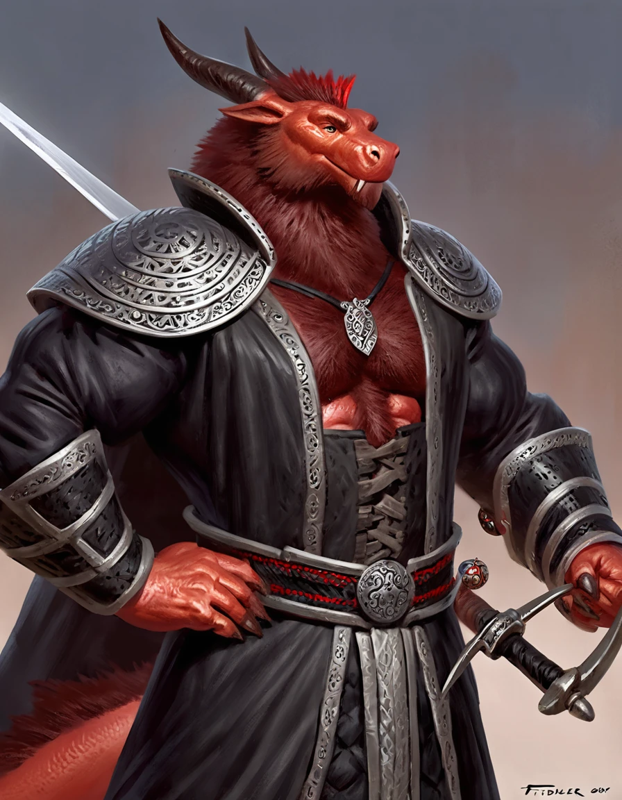 Anthropomorphic dragon boasts a "soft beefy" physique. The "soft" aspect of his physique is achieved through a meticulous distribution of muscle and fat that creates a sense of comfort and approachability. skin is a rich, deep black, with a subtle shimmer that hints at his hidden nobility. His eyes are a piercing shade of Imperial red, framed by thick eyebrows that arch over them in a constant state of curiosity. His attire, a black gambeson padded overcoat vestment with striking red salmon accents and intricate silver metal ornaments, is both functional and symbolic. The gambeson, a padded garment, is tailored to allow for a full range of motion, emphasizing his agility despite his size. The armor's design is meticulously crafted, with each detail serving a purpose. The imperial red accents trace the contours of his muscles, highlighting his physical power and determination. The silver metal ornaments are strategically placed to protect vital areas while also enhancing his aesthetic appeal. Leox's fur is predominantly black with salmon red-colored highlights. The fur on his torso and limbs is dense yet well-managed, giving him a sleek and powerful look. His chest hair is kept at a moderate length, framing his broad pectoral muscles. Large axe like fangs. Wield a slashing blade in a rapier-like's hilt. Ox guard stance pose. Detailed illumination, shadows and details in all the art. Highly inspired Taran Fiddler art Style