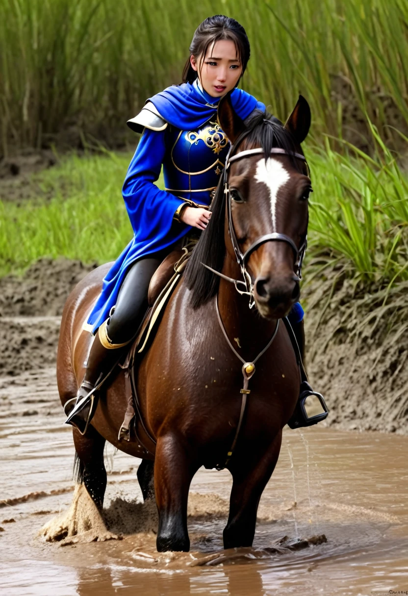 (((masterpiece))),(((Highest quality))),((Tabletop:1.4, Highest quality)), (Realな写真:1.4), in the muddy river,dirty swamp,horse ridden by girl fall over swamp,Sweaty girl,
((1 cute girl knight)),rodeo,horse standing,Surprised face,stumble,aggressive,slouch,horse standing, prancing horse in pitfall,cute,Napoléon horse sliped in pitfall,in the pitfall,Uplifting,Knight Princess,
(超High resolution:1.2),, wonderful, Very detailed CG Unity 8k wallpaper, Very detailed, High resolution,fat horse ridden by japanese girl,Double,Royal blue armor, cape and crown,Soaking in the swamp,Mud Splash,
Soft Light, Beautiful detailed girl, Droopy eyes,Very detailedな目と顔, Beautiful and exquisite nose, Beautiful and exquisite, horse ridden by a girl can't stand up because its drowned in the sticky muddy pitfall:10.0 ,Displeased face:4.0,Real,Stir,Anatomically correct,action horse riding scene while struggle fighting