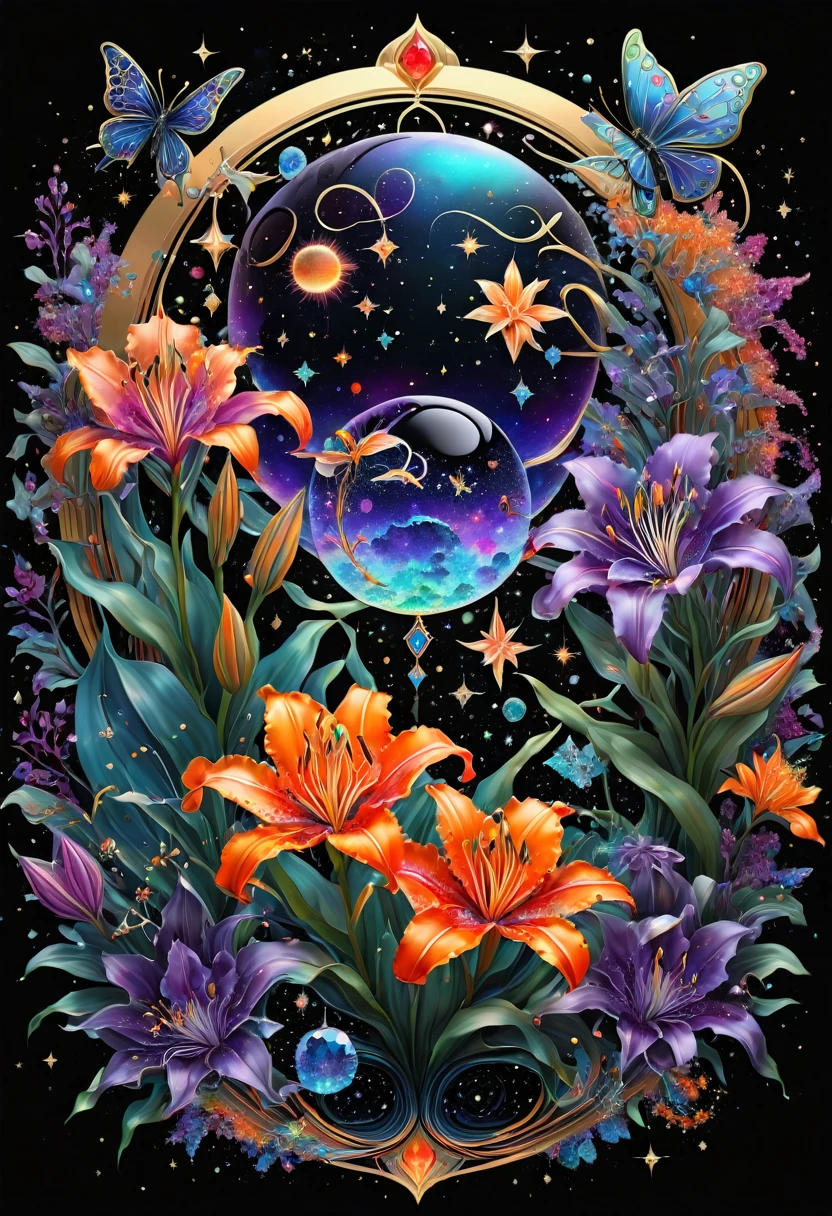 a deep black cosmic backdropStars Planets Suns and Moons Colorful Paint Splash Cute glitter vector graphic design featuring intricate and complex symbols with the ethereal beauty of a celestial palace known as the Galactic Citadel, bathed in brilliant light.The Neon Bioluminescent colors Cosmic Black, icy Red,14 kt solid Gold color. Create a fusion of These symbols,Fiery pink roses, bioluminescent neon blue, orange green lilies, fiery bioluminescent Red rubies, purple and white diamonds with lots of violet sapphires and emeralds butterflies and bees--ar 16:9 --style raw --stylize 400 *