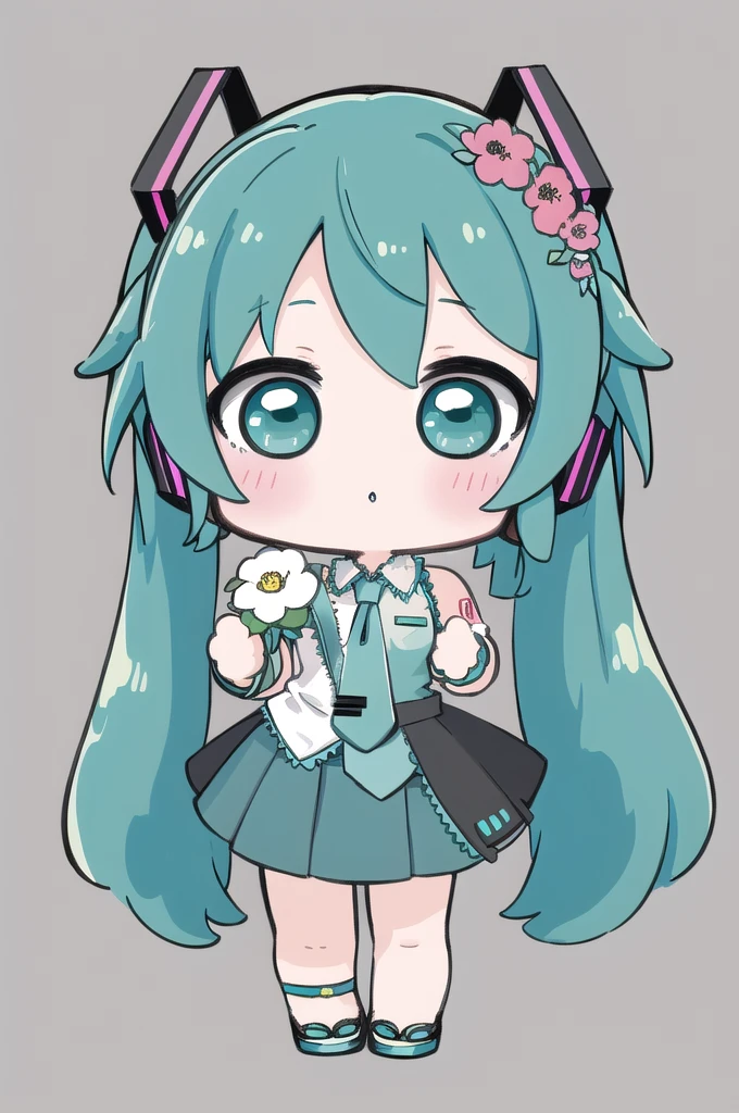 masterpiece, best quality, highly detailed, nozochibi, 1girl, (chibi:1.4), hatsune miku, simple background, full body, NEON COLOR, LOFI COLOR, masterpiece, long hair, , looking at viewer, only face cam, beautyfull eyes ,holding a flower, Hatsune Miku,