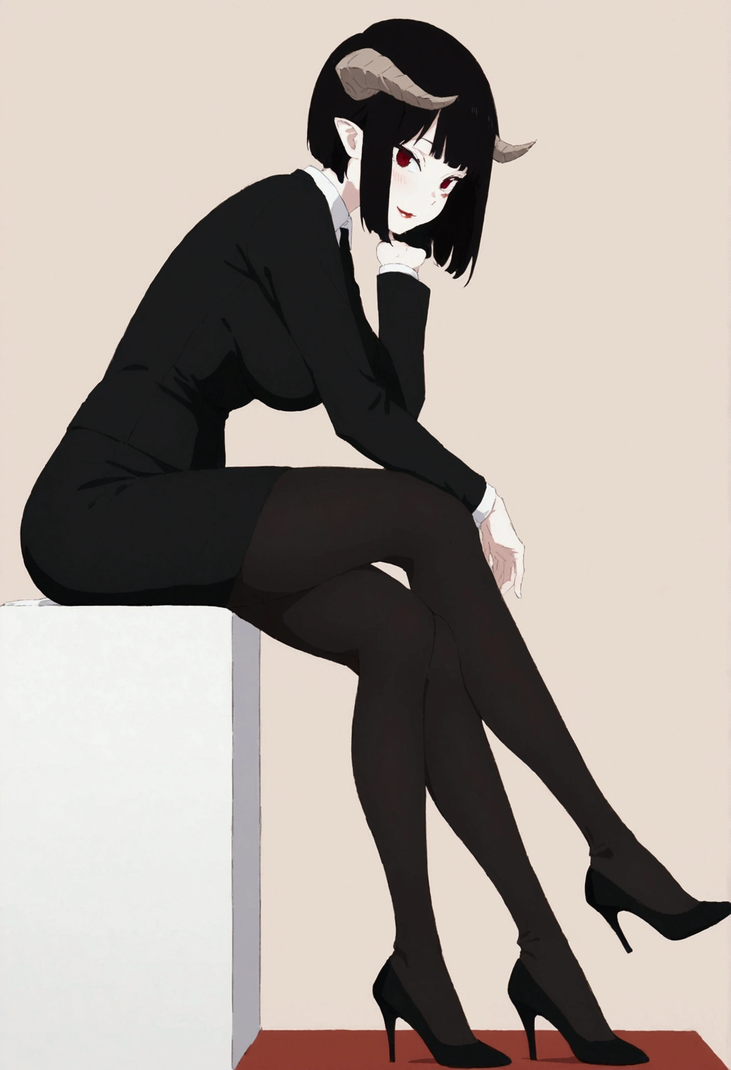 side profile,work of art, best qualityer, ultra detali, illustration, colorfully, flat colour, Depth of field, 1 girl, sitting down, Bblack hair, horns on head, Eyes red, , gazing at viewer, in the office, black business dress, pantyhose, black pantyhose, Detailed texture skin, detailed cloth texture, beautifull detailed face,Grinning,face red,blushed,legs crossed,big breasts,black highheels,side body,side profile