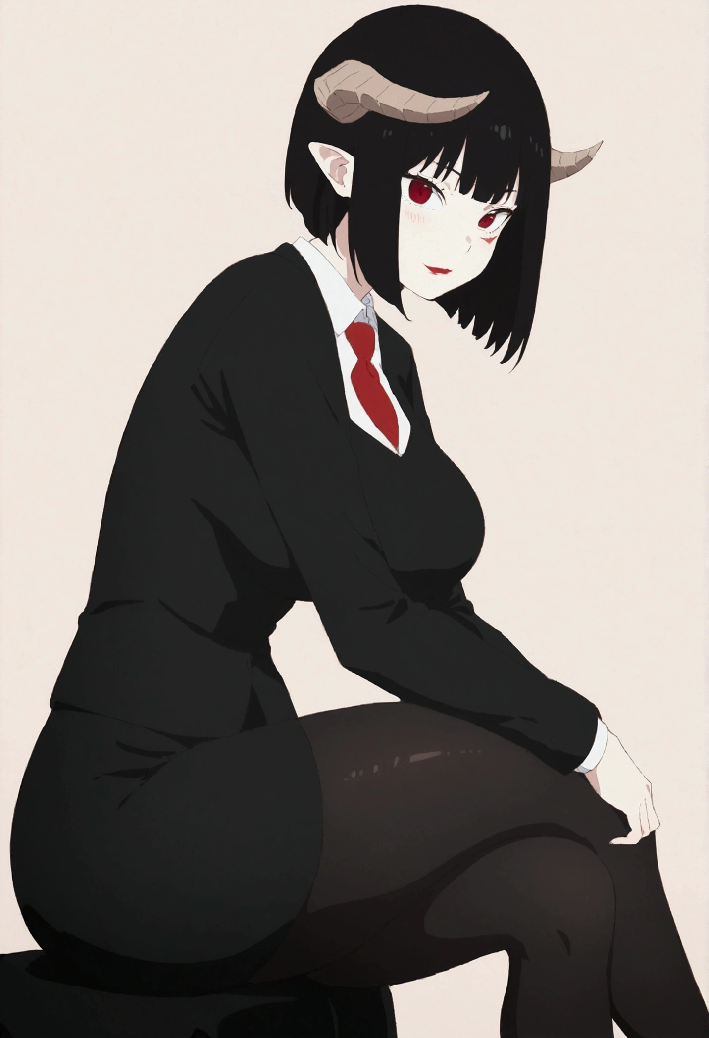 side profile,work of art, best qualityer, ultra detali, illustration, colorfully, flat colour, Depth of field, 1 girl, sitting down, Bblack hair, horns on head, Eyes red, , gazing at viewer, in the office, black business dress, pantyhose, black pantyhose, Detailed texture skin, detailed cloth texture, beautifull detailed face,Grinning,face red,blushed,legs crossed,big breasts,black highheels,side body,side profile
