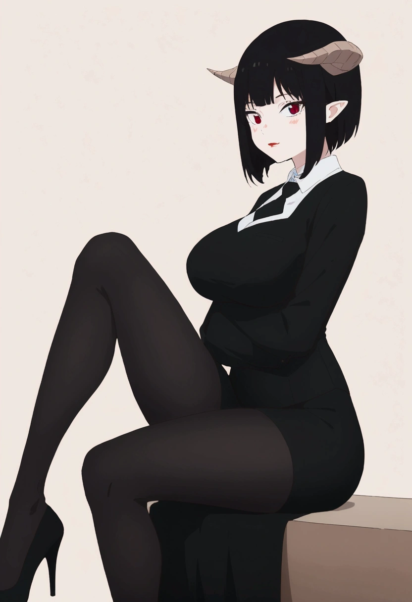 side profile,work of art, best qualityer, ultra detali, illustration, colorfully, flat colour, Depth of field, 1 girl, sitting down, Bblack hair, horns on head, Eyes red, , gazing at viewer, in the office, black business dress, pantyhose, black pantyhose, Detailed texture skin, detailed cloth texture, beautifull detailed face,Grinning,face red,blushed,legs crossed,big breasts,black highheels,side body,side profile