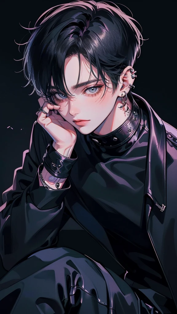 (4K works))、​masterpiece、(top-quality)、((Black cityscape background))、Korean Male、Adult male、((Adult 50 years old))、((Adult uncle type))、((Leather Jeans Style))、((Face similar to Hyunjin))、Cool Men、tall、((Wild features))、((Wild look))、((angry expressions))、((Long sleeve long trouser style))、((Smaller face))、Slim body、(((short-haired)))、((Shot alone))、((Solo Photography))、Professional Photos、((He is in front of the viewer))、((Upper body photography))、((Wear a lot of piercings))、((Piercing on the lips))、((Tongue piercing))、((Sick Boyine Boys))、((Lots of tattooine photo))、((sassy pose))