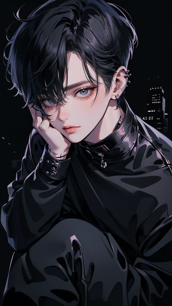 (4K works))、masterpiece、(top-quality)、((Black cityscape background))、Korean Male、Adult male、((Adult 50 years old))、((Adult uncle type))、((Leather Jeans Style))、((Face similar to Hyunjin))、Cool Men、tall、((Wild features))、((Wild look))、((angry expressions))、((Long sleeve long trouser style))、((Smaller face))、Slim body、(((short-haired)))、((Shot alone))、((Solo Photography))、Professional Photos、((He is in front of the viewer))、((Upper body photography))、((Wear a lot of piercings))、((Piercing on the lips))、((Tongue piercing))、((Sick Boyine Boys))、((Lots of tattooine photo))、((sassy pose))
