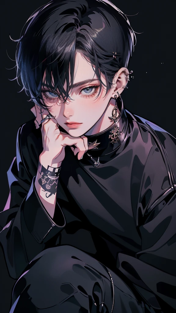 (4K works))、masterpiece、(top-quality)、((Black cityscape background))、Korean Male、Adult male、((Adult 50 years old))、((Adult uncle type))、((Leather Jeans Style))、((Face similar to Hyunjin))、Cool Men、tall、((Wild features))、((Wild look))、((angry expressions))、((Long sleeve long trouser style))、((Smaller face))、Slim body、(((short-haired)))、((Shot alone))、((Solo Photography))、Professional Photos、((He is in front of the viewer))、((Upper body photography))、((Wear a lot of piercings))、((Piercing on the lips))、((Tongue piercing))、((Sick Boyine Boys))、((Lots of tattooine photo))、((sassy pose))