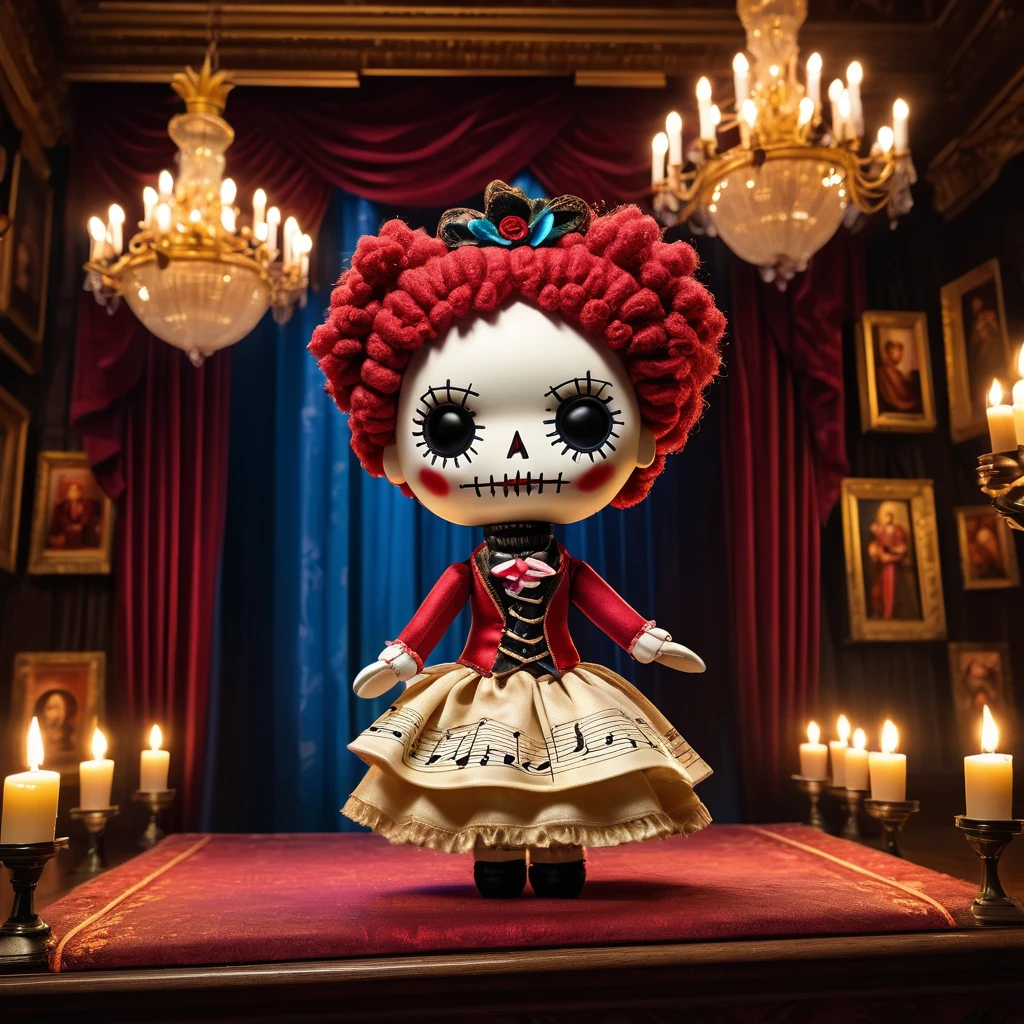 (knitted toy voodoo doll:1.5), (Voodoo Mozart:1.3), (Clothing: classical composer attire with musical note patterns:1.0), (Accessories: enchanted violin emitting a harmonious glow, floating sheet music with symphonic compositions:1.1), (background: opulent concert hall with grand chandeliers, an ornate stage, and an atmosphere of musical brilliance:1.2), best quality, masterpiece, detailed soft oil painting, detailed background, dramatic cinematic lighting, soft edge lighting, professional, dramatic lighting, hard edge lighting, ultra quality, 4k,masterpiece, best quality, 8k, ultra highres, highres, extremely detailed