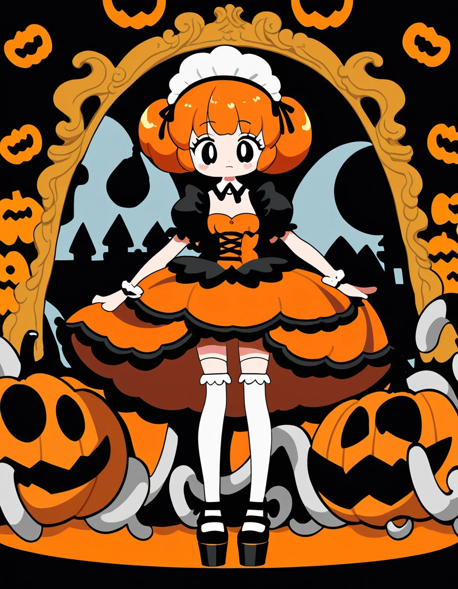 In the style of anime art, cute maid girl in Halloween costume, bright orange and dark black, white thigh-high socks, platform heels, orange and black, gothic style dress, vintage rococo style dress, , small bust