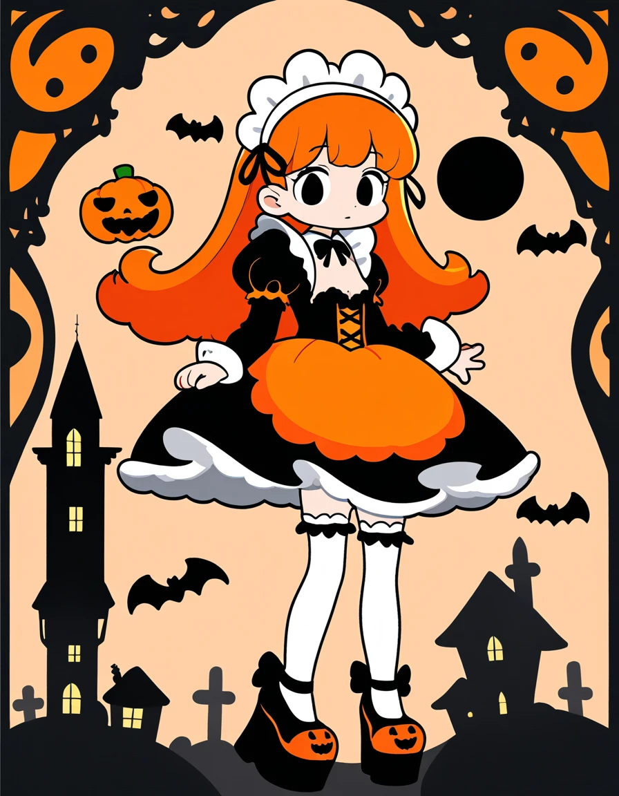 In the style of anime art, cute maid girl in Halloween costume, bright orange and dark black, white thigh-high socks, platform heels, orange and black, gothic style dress, vintage rococo style dress, , small bust