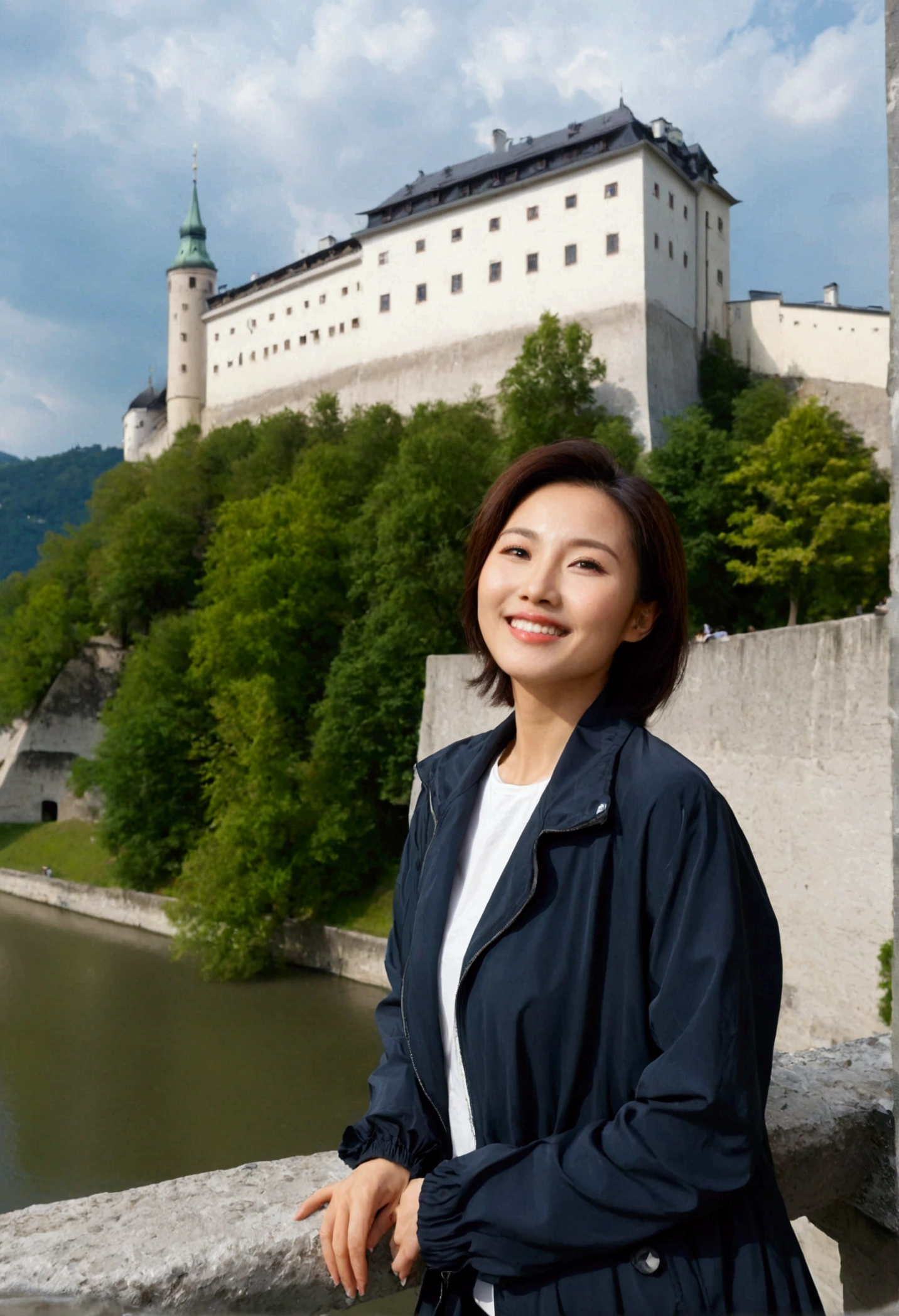 high quality, 1 woman, ((36-year-old healthy Korean woman)), ((36 years old)), 1 woman, eyes are big and beautiful. ((slim)), ((short medium hair)), Smile. pose: standing, windbreaker jacket, background:Your residence is a baroque townhouse with a plaster façade and wrought iron railings.. Overlooking the misty Salzach River and Hohensalzburg Fortress., looking slightly up, 1 woman, Full body shot with Canon 16-34 wide angle lens, river view, looking up the side