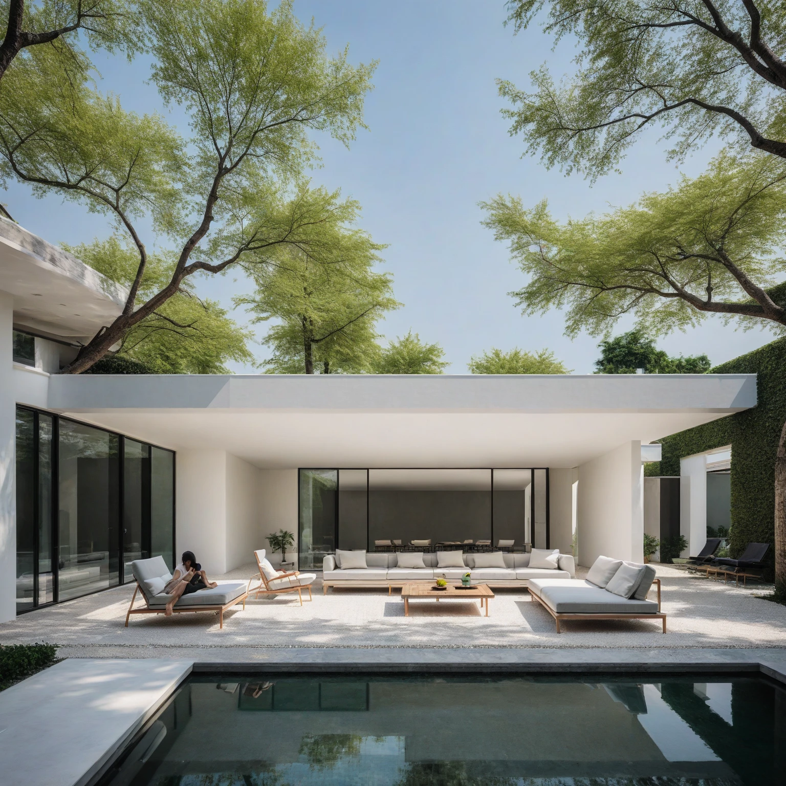 Raw photo, Masterpiece, high quality, best quality, authentic, super detail,
(modern minimalist villa: 2)(modern style villa courtyard: 2), outdoor sofa and coffee table, people sitting on the sofa to rest, (law:1.5), dogs sleeping on the law,( big trees:1.5), hedges, running water wall, shallow pool, sunny weather, light mottled and shadow, real photography
road, grass, trees, sky, cloud, daylight:1.1), vivid colors, (realistic:1.2),