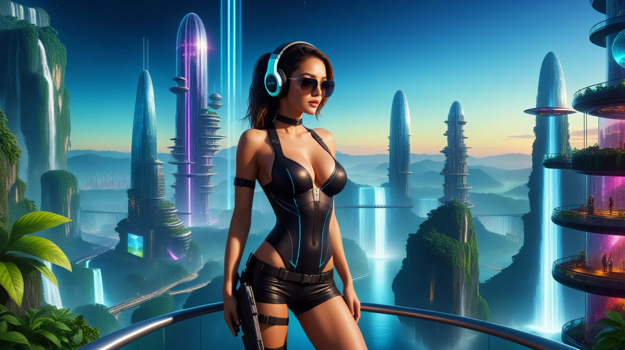 Futuristic floating city, huge high-tech tablet platform, airship, colorful lights, skyscrapper, transparent path, lush greenery, sky gardens, waterfalls, sparkling river, transparent dome, walkway, tower, very dark night, holographic display, aerial view. (((((1girl, solo, alone))))), large-breast:1.2 slim body, cleavage:1.1, sexy clothes, (headphone, black sunglasses), (((standing and holding pistol pose))), (((half-body thigh level medium shot))), cinematic lighting, lens flare, ray tracing.