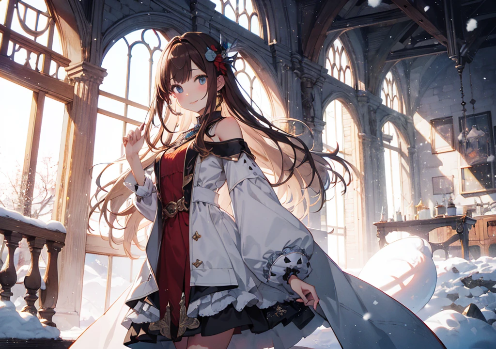 Realistic photos, Focus distance 10mm, Red and white, A big smile, Beautiful girl, Realistic photos, Focus distance 10mmで撮影, masterpiece, 最high quality, high quality, Very detailed CG 8k wallpaper unit, Award-winning photography,  Depth of written boundary, High resolution, bloom, chromatic aberration, Realistic, Very detailed, Art Station Trends, CGsociety Trends, Complex, High detail, dramatic, Art on the go, volumetric lighting, A charming young woman with long brown hair, in a regal red and white dress, inspired by Disney's Anna, standing in a snowy landscape with a castle in the background