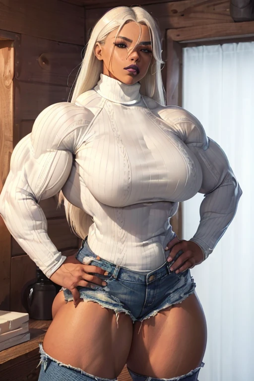 (((((Massive beautiful, buff, light brown skinned muscular woman white hair, black lipstick, ginormous bulky muscles, hands on hips and wearing a white long sleeved turtleneck sweater and beautiful denim shorts))))), (close view), massive muscles, massive biceps, hyper muscle shoulders, vascular shoulders, hyper muscle triceps, (long straight hair), blue eyes, ((white long sleeved turtleneck sweater)), (high heel boots), sensual smile, (in a cabin at night), hyper muscles arms, hyper muscle legs, massive arms