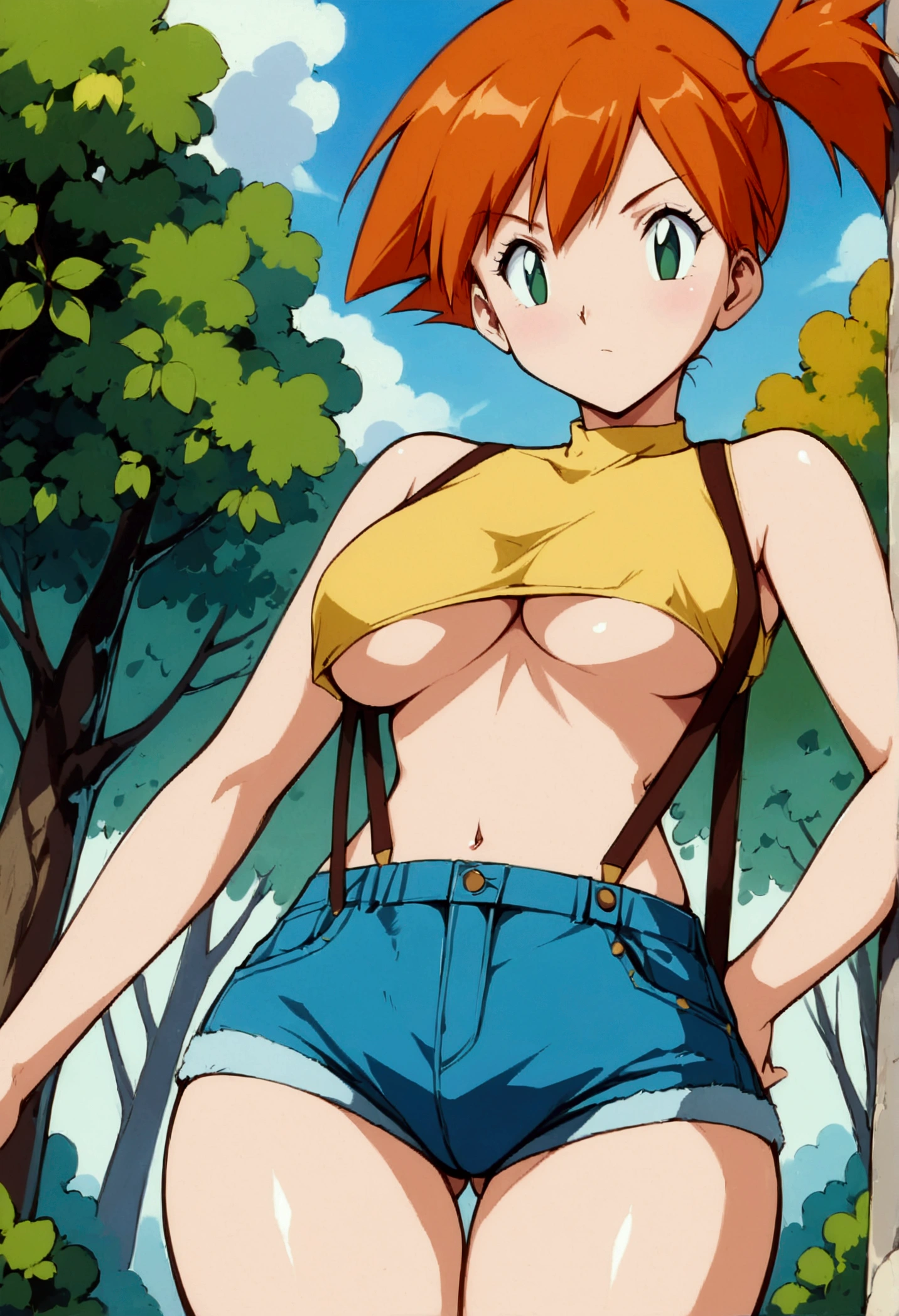 score_9,score_8_up, score_7_up,source_anime.superior,dynamic angle, (Insect's Eye).,, masterpiece,bestquality, Highest quality, (mature:1.2) ,1girl, Outdoor, Green Eyes, Orange Hair, , Yellow Shirt, Sleeveless shirt,belly button, Denim shorts, suspenders, Captivating look, (slender), delicate curves, ,(under_boob),(superfineillustration,finely detail),(absurdres),contrapposto pose,,(1990s_(style)