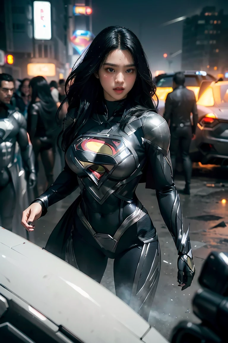 action shots of  M1lly4c0k2222 ((wearing a sexier revealing black and silver version of the evil superman suit man of steel)), large breasts, toned body, (explosions in the background a city in ruins), Style-BladeRunner2049-8v Intricate, High Detail, Sharp focus, dramatic, ((photorealistic))