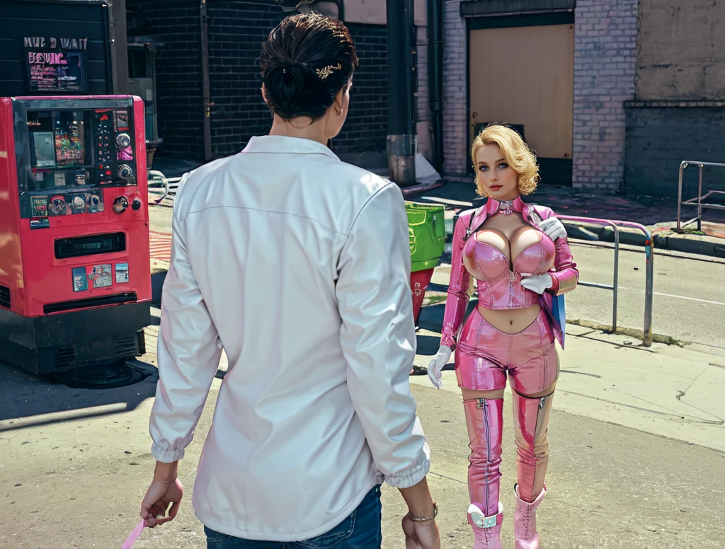 adult woman, blonde curly hair, pink latex outfit, pink boots, white gloves, blue eyes, big breast,standing in the City alley, mend stand
