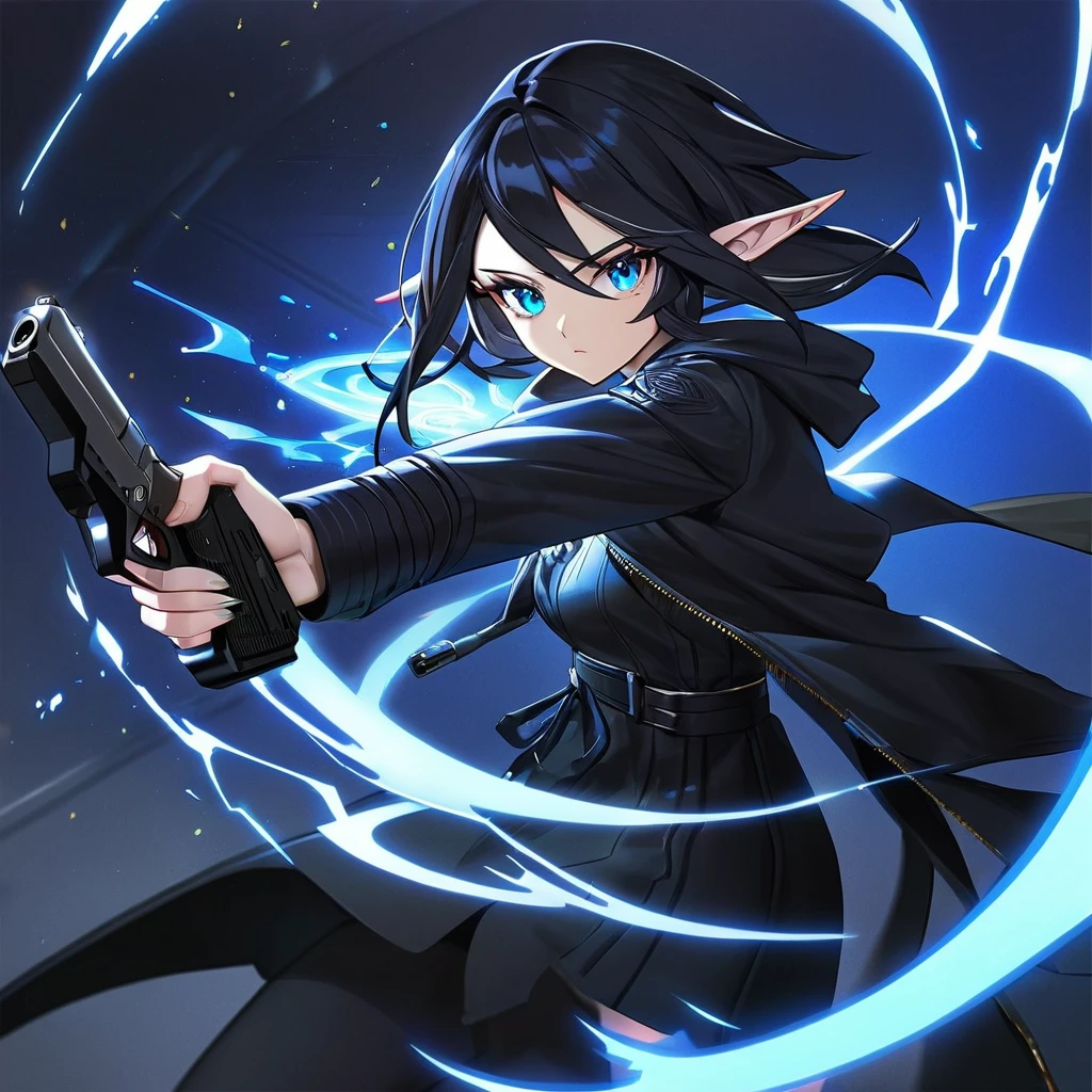 Action shot of an adult female elf casting a spell, cyberpunk fashion, wielding pistol, black hair, blue eyes, pointed ears, blue lighting