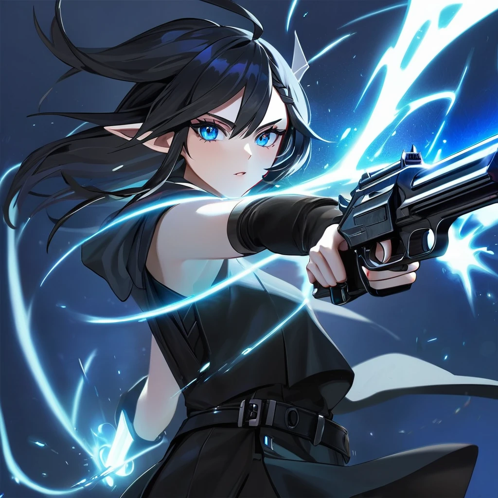 Action shot of an adult female elf casting a spell, cyberpunk fashion, wielding pistol, black hair, blue eyes, pointed ears, blue lighting
