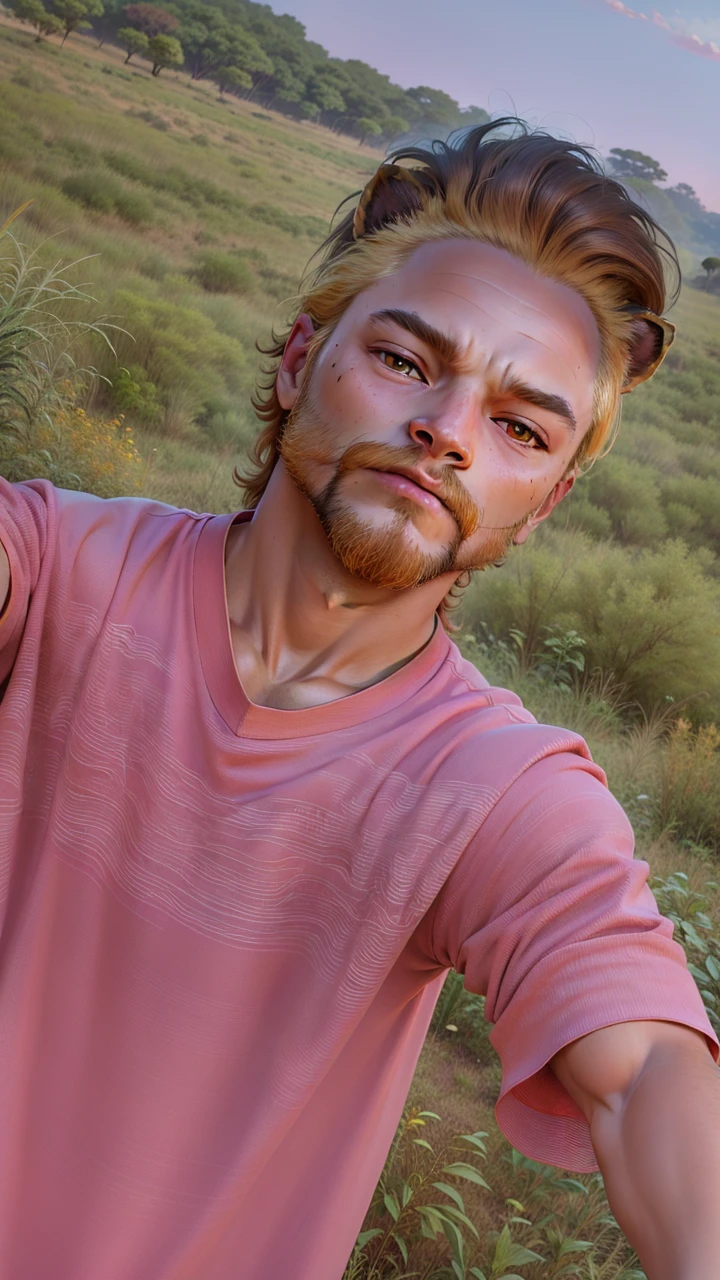 A majestic and regal lion, its golden mane flowing in the wind as it prowls through the tall grass of the savannah. In the distance, the setting sun paints the sky in shades of fiery orange and deep purple, casting a warm and welcoming glow across the African landscape.