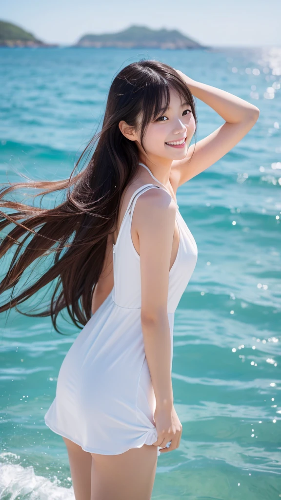 A Japanese woman with a pure and innocent image。Someone with beautiful long hair。She is having fun in a one-piece dress with the sea in the background.