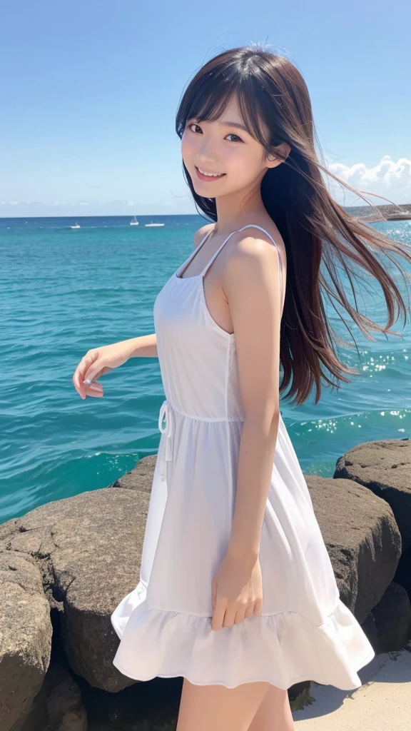 ((masterpiece)), ((highest quality、Ultra high definition)), (Very detailed),8K、Photo quality、((Amazingly cute girl)),(((14-year-old girl))), Two people, , (Beautiful emerald blue eyes), ((smile)),In the open-air bath overlooking the sea, Beautifully arranged black hair in twin tails、whole body、Cute lolita maid style swimsuit))、Professional Lighting、(White lace knee-highore detailed and beautiful)、(More details and cutenesore realistic)、(((Just wear light clothing)))、プールではしゃぐ、