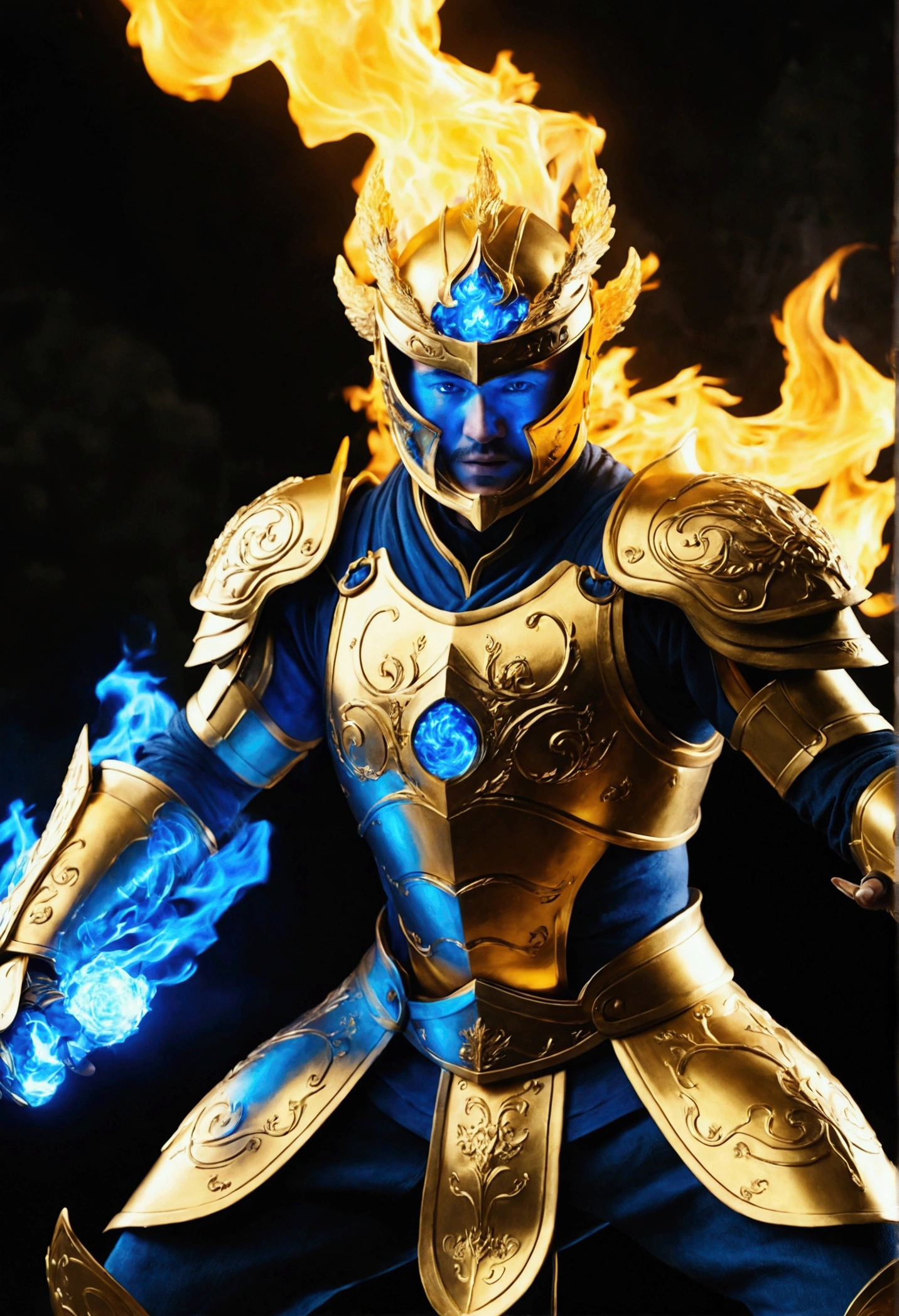 Full HD, 3d, 60fps, realisitic, アニメ, a hero catching blue fire around him, equipped a golden armor with flames of darkness which glowed the entire place.