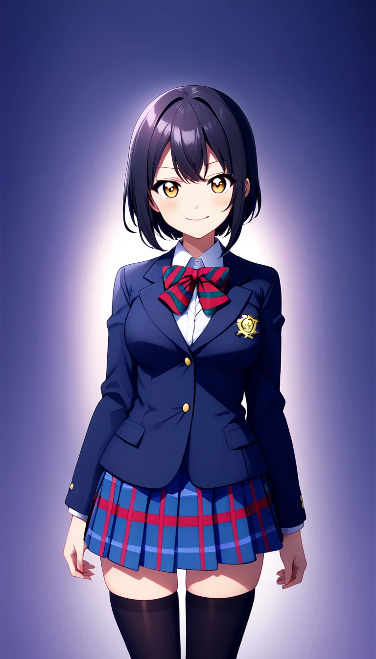solo girl, AnjuYuuki,love live! medium breasts , otonokizaka winter uniform, red striped bow tie, navy blue blazer, blue striped plaid skirt,thigh socks,standing put hands on hip,cowboy shot,from front,closed mouth,serious smile :d, (1girl), (solo),BREAK score_9, score_8_up, score_7_up, score_6_up, source_anime 