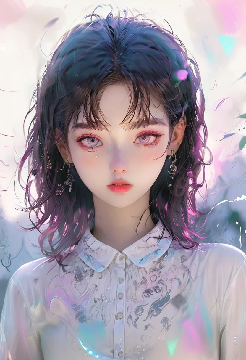 A cute , Pink lips, Wearing a bright white shirt, Styled in soft aurora punk tones, Animated illustration of her face, GIF, Hand-drawn animation, Charming Sketch, Soft and bright, hazy, Super plane style, White-air background 1:1--niji 5--performance style 