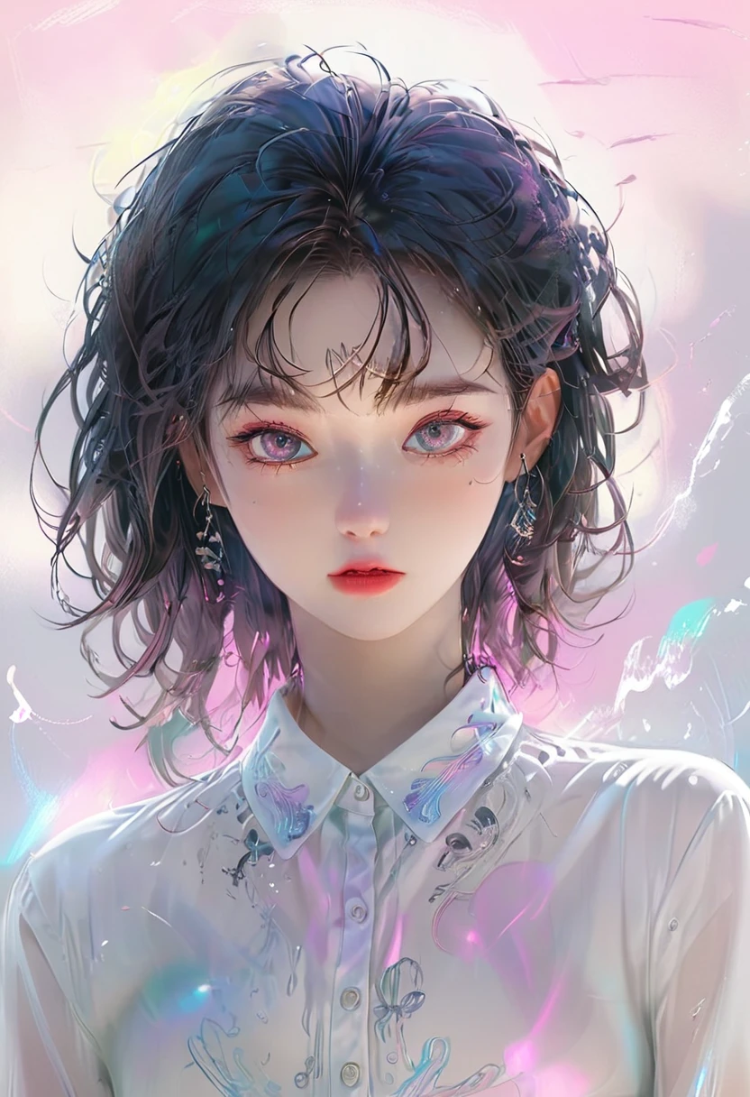 A cute little girl, Pink lips, Wearing a bright white shirt, Styled in soft aurora punk tones, Animated illustration of her face, GIF, Hand-drawn animation, Charming Sketch, Soft and bright, hazy, Super plane style, White-air background 1:1--niji 5--performance style