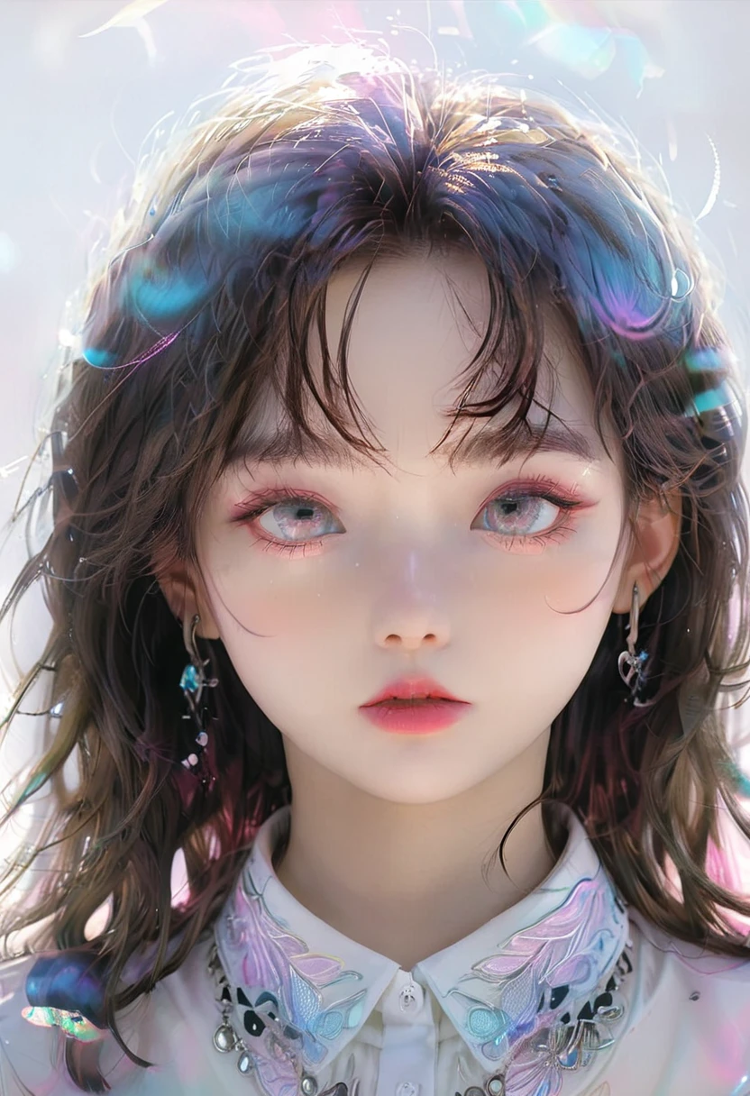 A cute little girl, Pink lips, Wearing a bright white shirt, Styled in soft aurora punk tones, Animated illustration of her face, GIF, Hand-drawn animation, Charming Sketch, Soft and bright, hazy, Super plane style, White-air background 1:1--niji 5--performance style