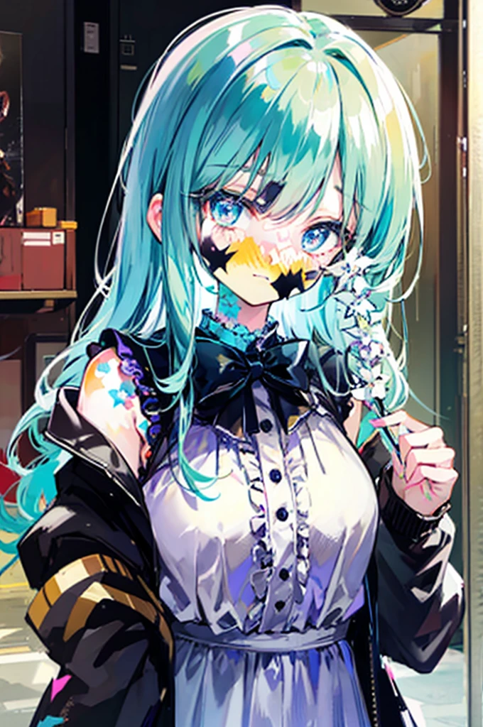 Halloween Theme, "cute, cuteバニーガール, cuteピンクの女の子, Neon Green Blue, Light blue color scheme. She's wearing a Halloween-themed costume. Her clothes were fluffy and soft., Includes hair clips and other decorative accessories. She embodies vitality、Trendy Harajuku fashion style."Halloween Theme, "cute, cuteバニーガール, cuteピンクの女の子, Neon Green Blue, Light blue color scheme. She's wearing a Halloween-themed costume. Her clothes were fluffy and soft., Includes hair clips and other decorative accessories. She embodies vitality、Trendy Harajuku fashion style."