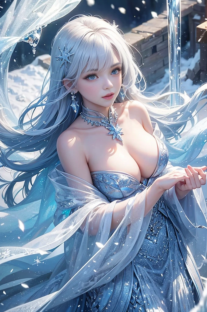 wood, Exquisite mini ice spikes and crystals, Frozen waterfall in the background, Light reflected by ice crystals, Flowing snowflakes.Beautiful woman、pretty girl,A realistic person々,Beautiful cleavage
