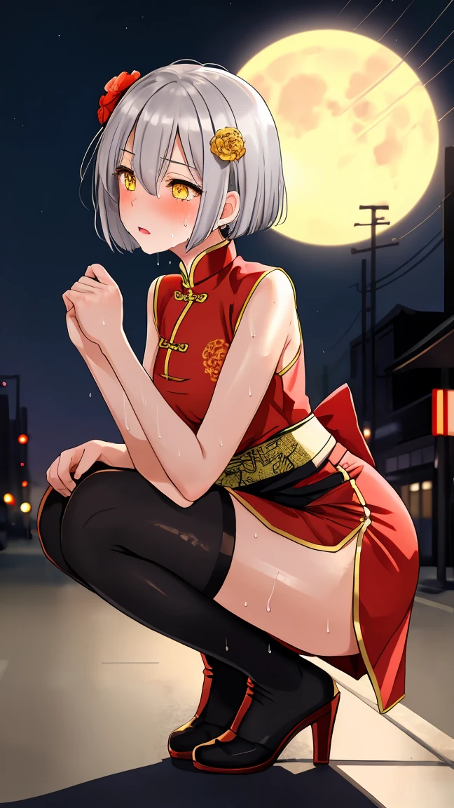 Young girl 14 years old, short silver bob hair, hair flower, sharp bangs between the eyes, yellow  eyes, eyes large, traditional chinese imperial clothes black with gold details, red skirt, black thigh high socks. lateral view, fully body, crouched on the street of a Japanese city, at night, with full moon in the background, light reflecting on the sexy and sweaty body. (((sweat)))