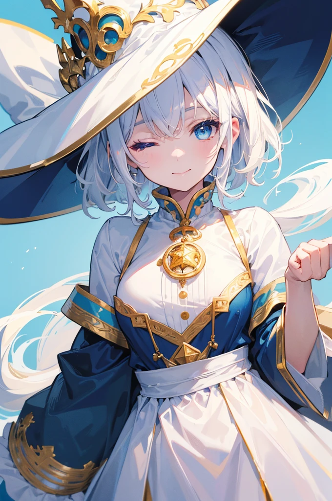 (Highest quality) (4K) (8K) (High resolution) (masterpiece:1.2) (Super detailed) One girl short hair witch The right eye is blue and the left eye is yellow Long sleeve Golden decoration (White Background) Hair between the eyes Closed Mouth White Dress Blue fur Wavy Hair Upper Body White Hair Blue hat smile