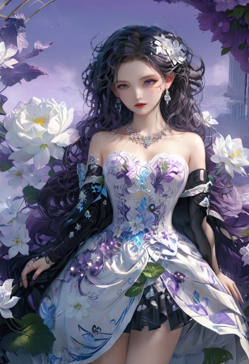 masterpiece, best quality, Extremely detailed 8k wallpaper, 1 Girl, outdoor, Helena(Azur Lane),strapless skirt, skirt, layered skirt,White flowers, Hair accessories, Purple Eyes, (Necklace), Outline, (Black gloves), Bare legs,