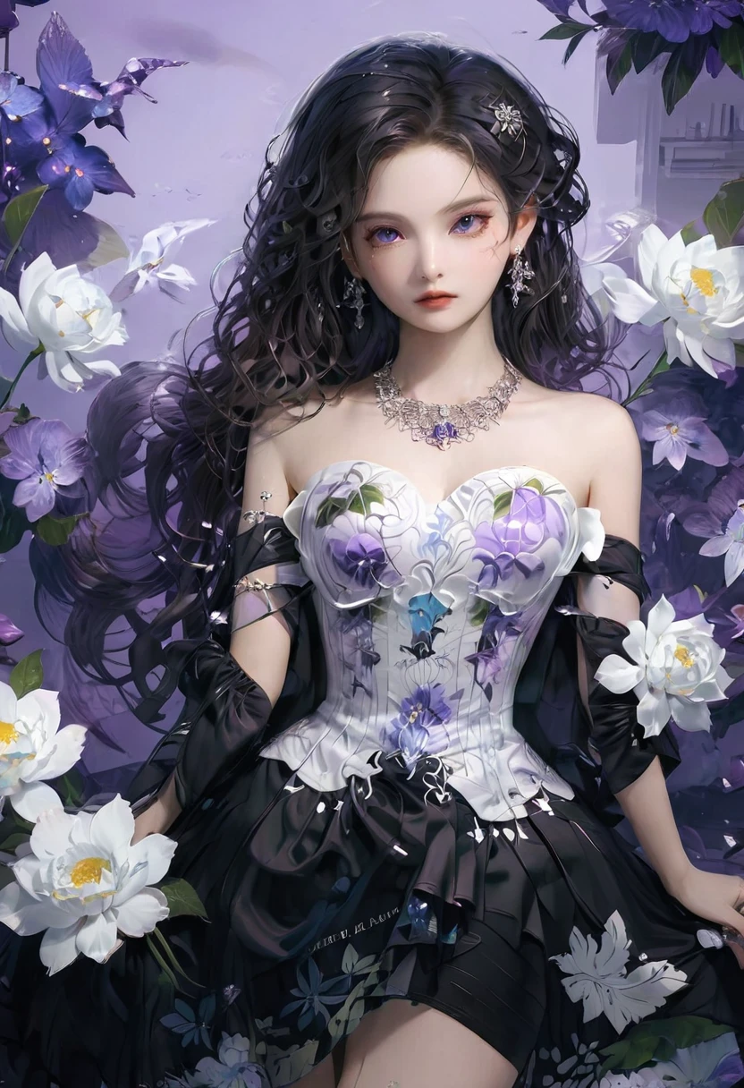 masterpiece, best quality, Extremely detailed 8k wallpaper, 1 Girl, outdoor, Helena(Azur Lane),strapless skirt, skirt, layered skirt,White flowers, Hair accessories, Purple Eyes, (Necklace), Outline, (Black gloves), Bare legs,