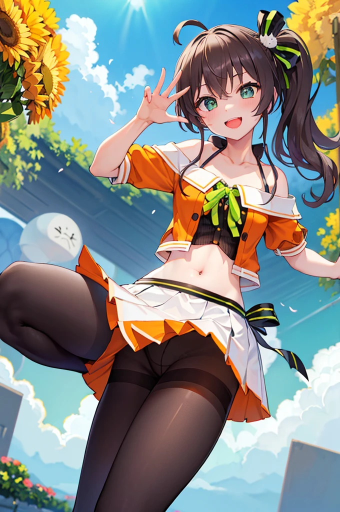 Hololive、masterpiece、Highest quality、High resolution、Super detailed、Amatsuri、Medium Hair、Side Ponytail、Ahoge、Hair between the eyes、bangs、Cat hair accessories、Black Ribbon、Neck ribbon、Green ribbon、Cropped jacket、(Orange Jacket:1.2)、Off-the-shoulder jacket、(Short sleeve:1.2)、(Halter neck:1.2)、(camisole:1.2)、黒camisole、Pinstripe pattern、belly button、White Skirt、Side slits、(pantyhose:1.2)、(黒pantyhose:1.2)、boots、White footwear、Outdoor、Are standing、smile、cherry blossoms、Cowboy Shot、Waving、Arms at your sides、
