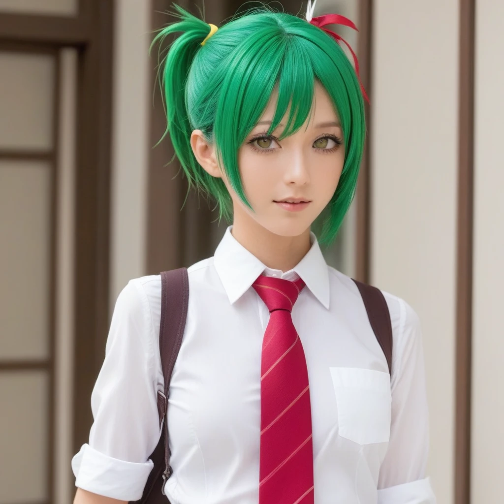 late,  Mating press, 1 woman, 1st son, sex, penis, vaginal, balls, ~am, behind, Mion Sonozaki, green hair, green eyes, ponytail, white shirt, red tie, Yellow vest, 