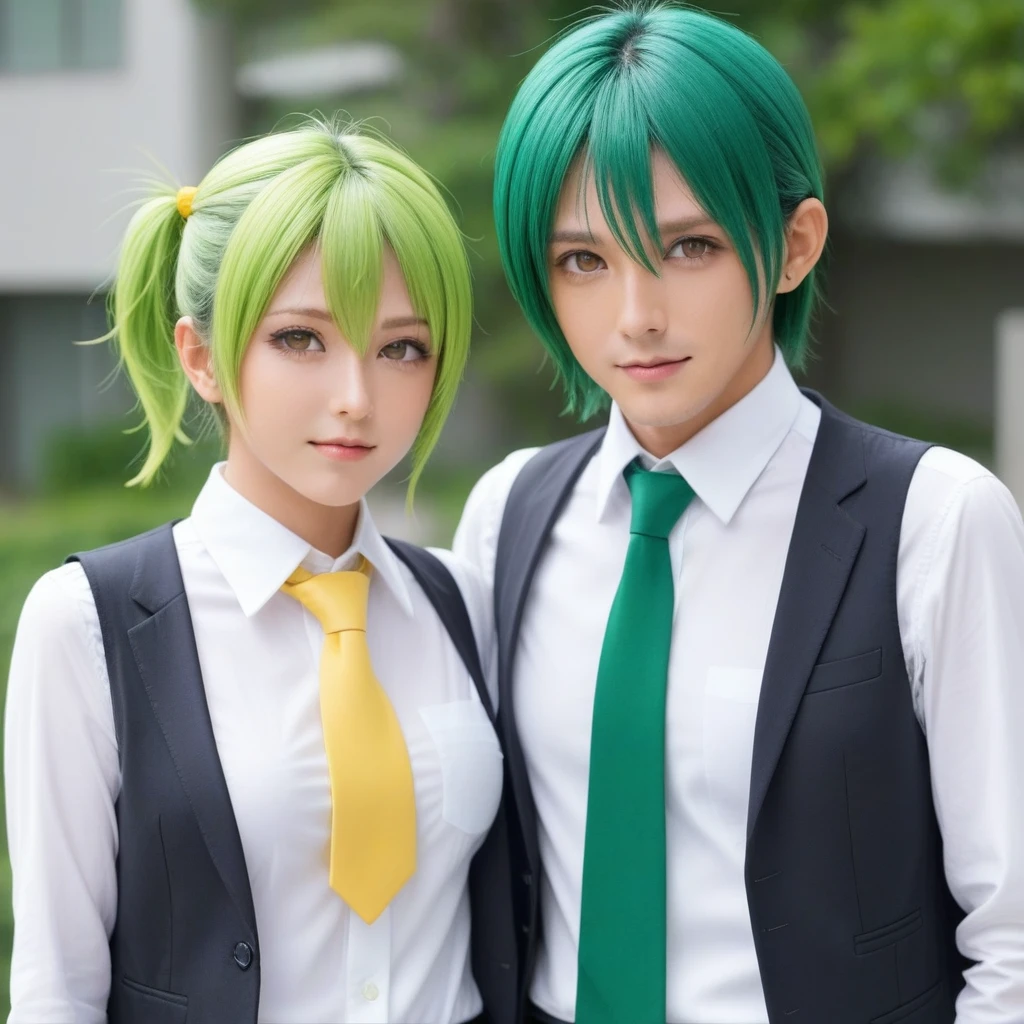 late,  Mating press, 1 woman, 1st son, sex, penis, vaginal, balls, ~am, behind, Mion Sonozaki, green hair, green eyes, ponytail, white shirt, red tie, Yellow vest, 