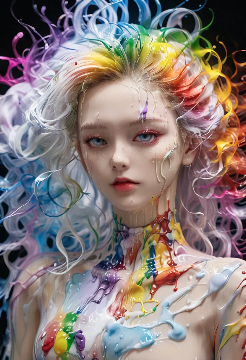 beautiful blonde woman, The wax coat melts and drips on the body (masterpiece: 1.2), (best quality), 4K, Extremely detailed, (Dynamic Synthesis: 1.4), Very detailed, Colorful Detailed, (Rainbow Colors: 1.2), (Bright Lights, Atmospheric lighting), Dreamy, magic, (Solitary: 1.2)