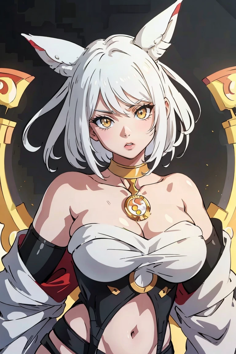 1 girl,  White hair, yellow eyes,   portrait, realistic, towel, (hit), Side lighting, wallpaper, NFV, White hair, yellow eyes,  (animal ears|red horn:0.85),navel,(masterpiece,Best quality:1.5),fiction, Raw photo, best photo, best photo quality, 8K quality, 8k ultra, bright skin, (Bright eyes), detailed eyes, beautiful hair