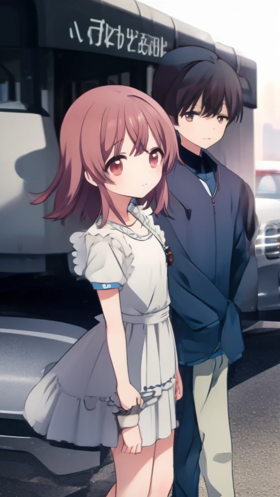 ((Highest quality)), ((masterpiece)), (detailed), Lovers standing in front of a small wagon-type car, such as a Volkswagen、2 people、Boy and Girl、drive、Vision、Side Angle
