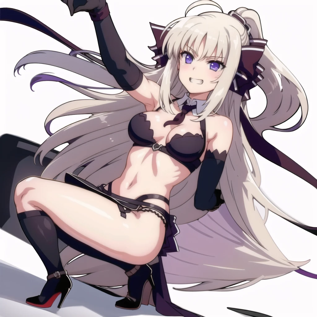 prison,  ((ass pov)),  femdom, dominatrix,   female  squatting, evil grin, open legs, bare shoulders, black bustier, black stockings, black g-string, black high heels, Black garter belt, black elbow gloves,  
 One girl,  Long Hair, Purple eyes,  chest, Ahoge,   very Long Hair,   large breasts, ribbon,  hair ribbon, ponytail,  bangs, 

