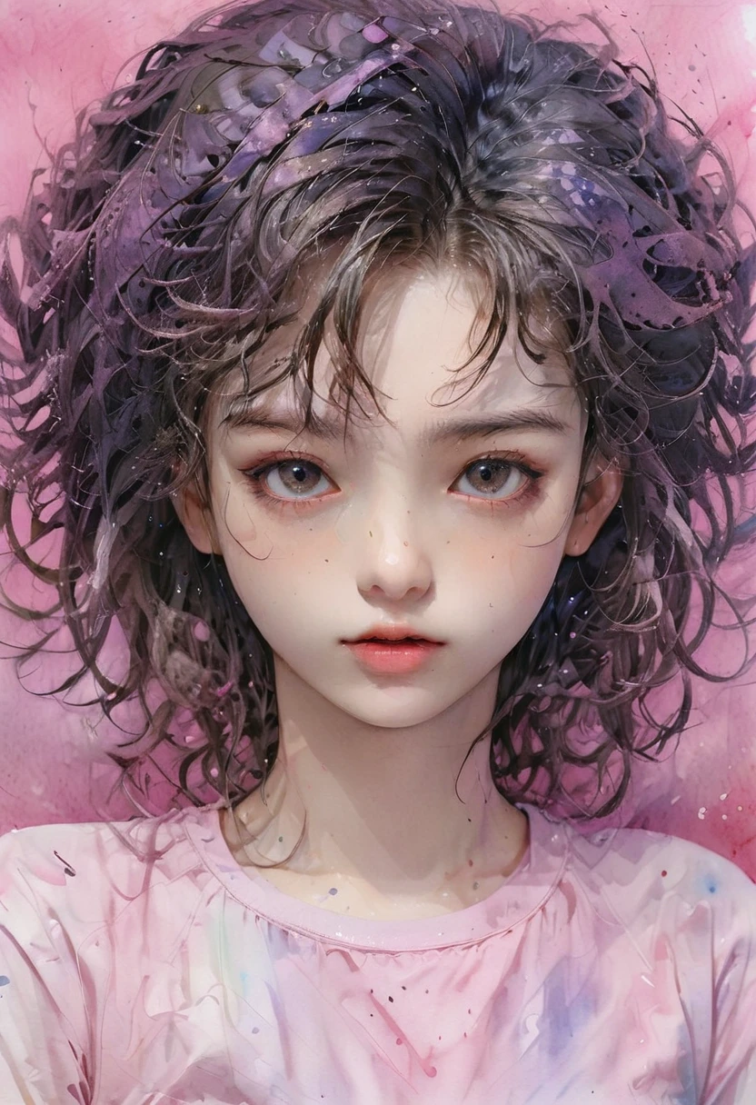 (masterpiece),(best quality:1.1),(Extremely detailed),Best Illustration Award,Fine details,(portrait:1.1),(Strong close-up),Watercolor)floating,1 Girl,Solitary,,Slim,(Extremely exquisite and beautiful face),(Detailed beautiful eyes),Thick pink lips,(Messy hair),(Wearing a pink loose T-shirt),weak,(Simple background:1.2)The whole colorful background,Clear,4K