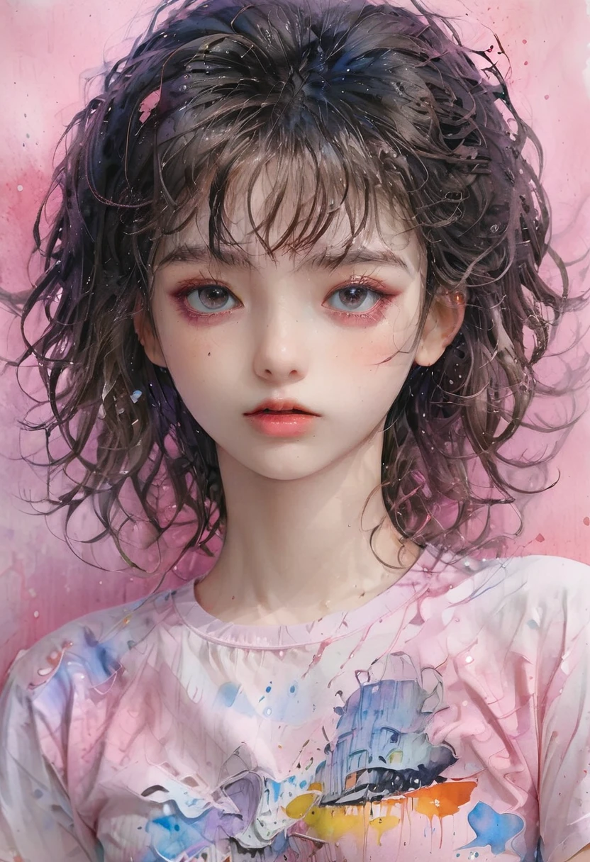 (masterpiece),(best quality:1.1),(Extremely detailed),Best Illustration Award,Fine details,(portrait:1.1),(Strong close-up),Watercolor)floating,1 Girl,Solitary,,Slim,(Extremely exquisite and beautiful face),(Detailed beautiful eyes),Thick pink lips,(Messy hair),(Wearing a pink loose T-shirt),weak,(Simple background:1.2)The whole colorful background,Clear,4K